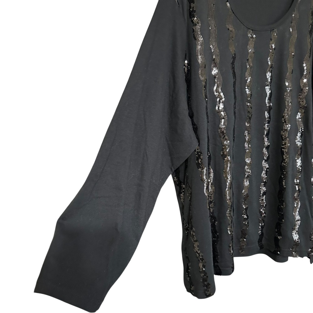Quacker Factory Womens Black Long Sleeve Sequined Wavy Stripe Top 3X Whimsigoth - Picture 2 of 7